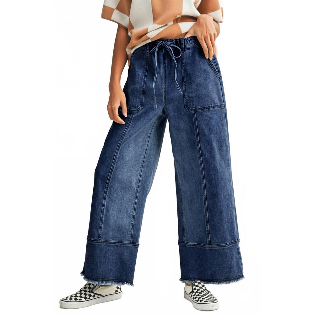 NEW LITTLE DAISY CLOSET coastal wide leg raw hem drawstring jeans in med - dark